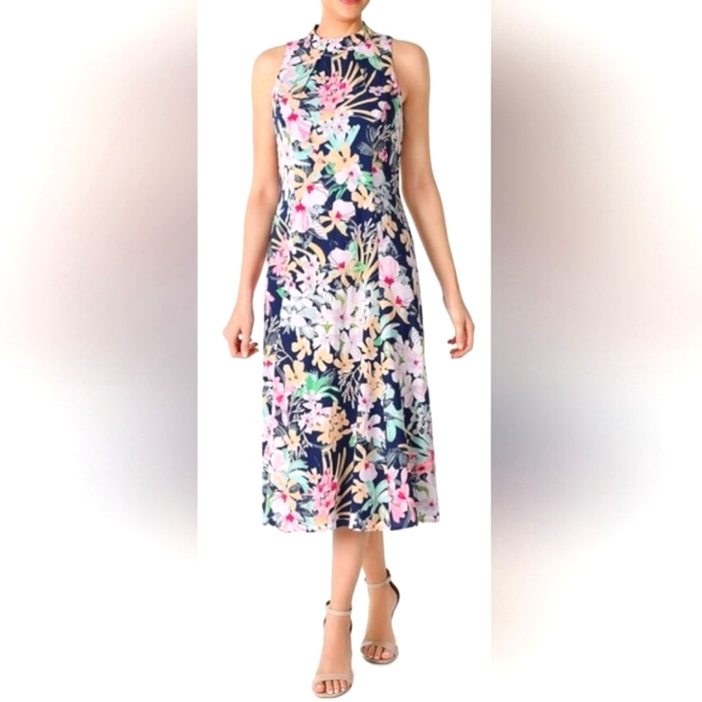 Donna Ricco Pink and Blue Halter Midi Dress